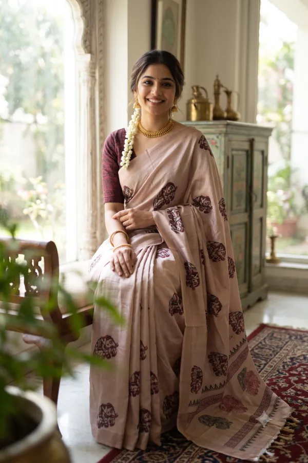 Beautiful_Hathi_Print_Tussar_Silk_Saree