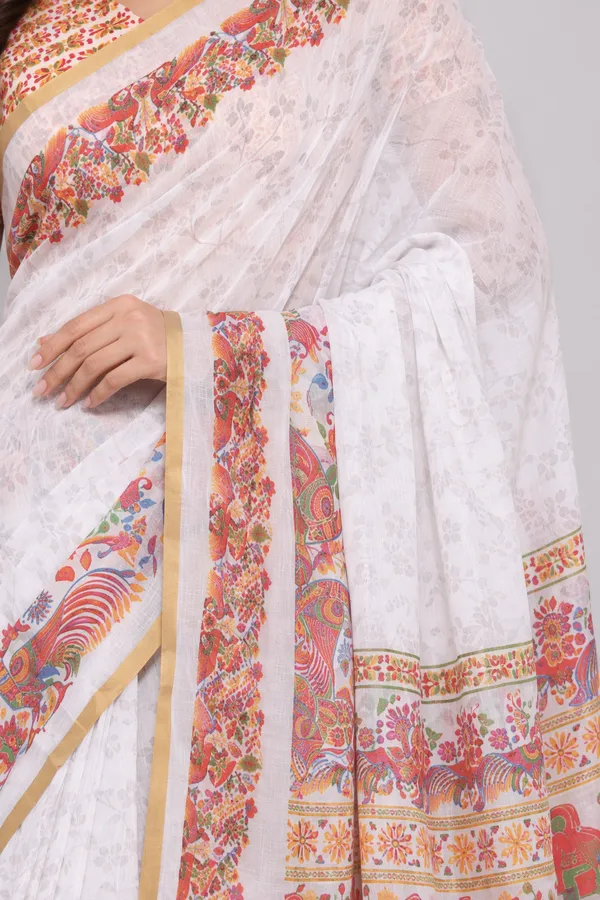 White_colour_Self_Embossed_Linen_Cotton_Printed_Saree