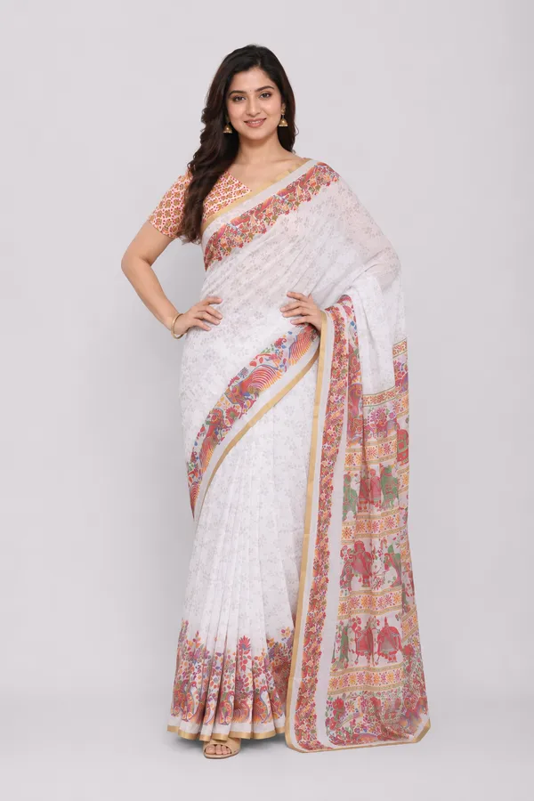 White_colour_Self_Embossed_Linen_Cotton_Printed_Saree