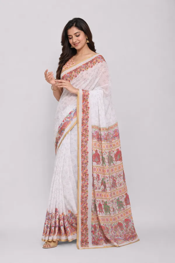 White_colour_Self_Embossed_Linen_Cotton_Printed_Saree