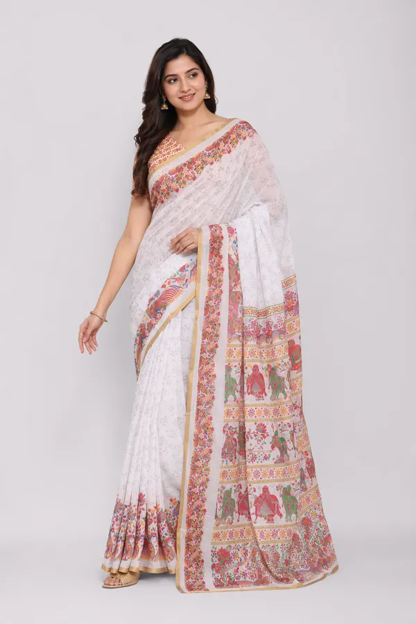 White_colour_Self_Embossed_Linen_Cotton_Printed_Saree