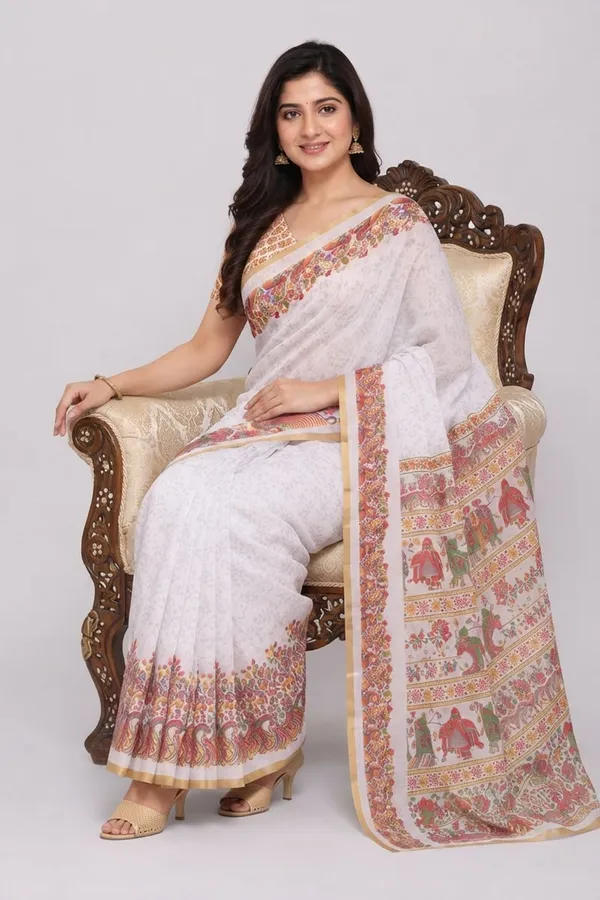 White_colour_Self_Embossed_Linen_Cotton_Printed_Saree