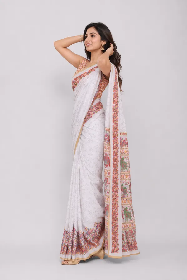 White_colour_Self_Embossed_Linen_Cotton_Printed_Saree