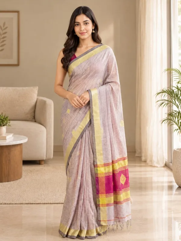 Rosy_Brown_color_Handloom_Woven_Bengal_Cotton_Saree