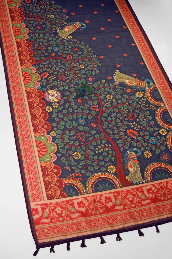 Navy_Blue_color_Beautiful_Kalamkari_Design_Printed_Chanderi_Cotton_Saree