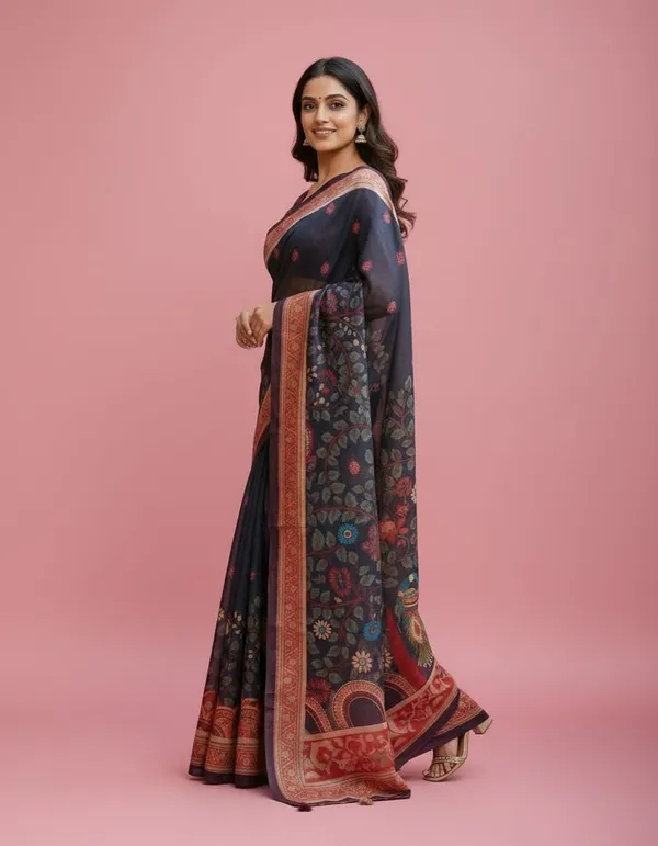 Navy_Blue_color_Beautiful_Kalamkari_Design_Printed_Chanderi_Cotton_Saree