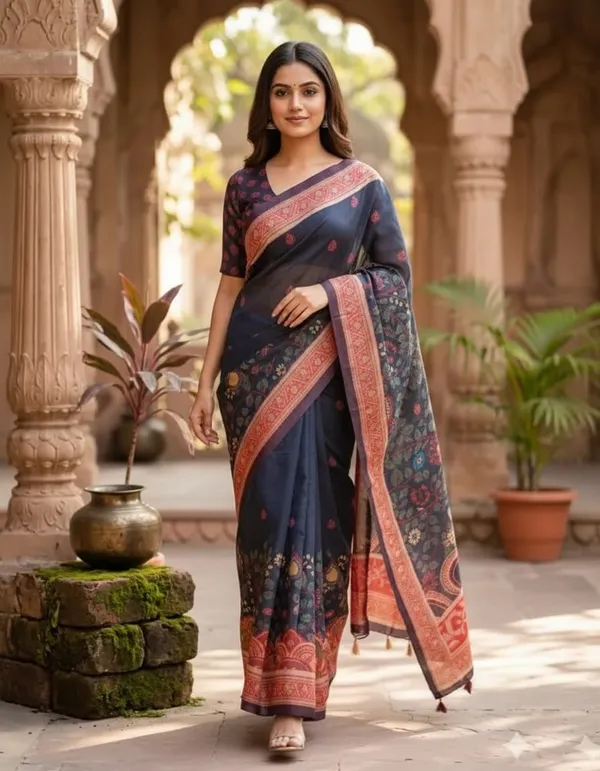 Navy_Blue_color_Beautiful_Kalamkari_Design_Printed_Chanderi_Cotton_Saree