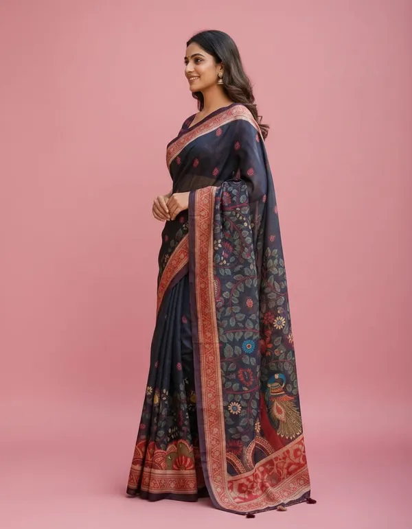 Navy_Blue_color_Beautiful_Kalamkari_Design_Printed_Chanderi_Cotton_Saree