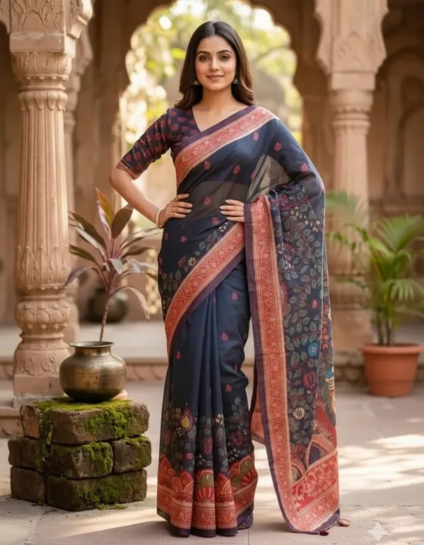 Navy_Blue_color_Beautiful_Kalamkari_Design_Printed_Chanderi_Cotton_Saree