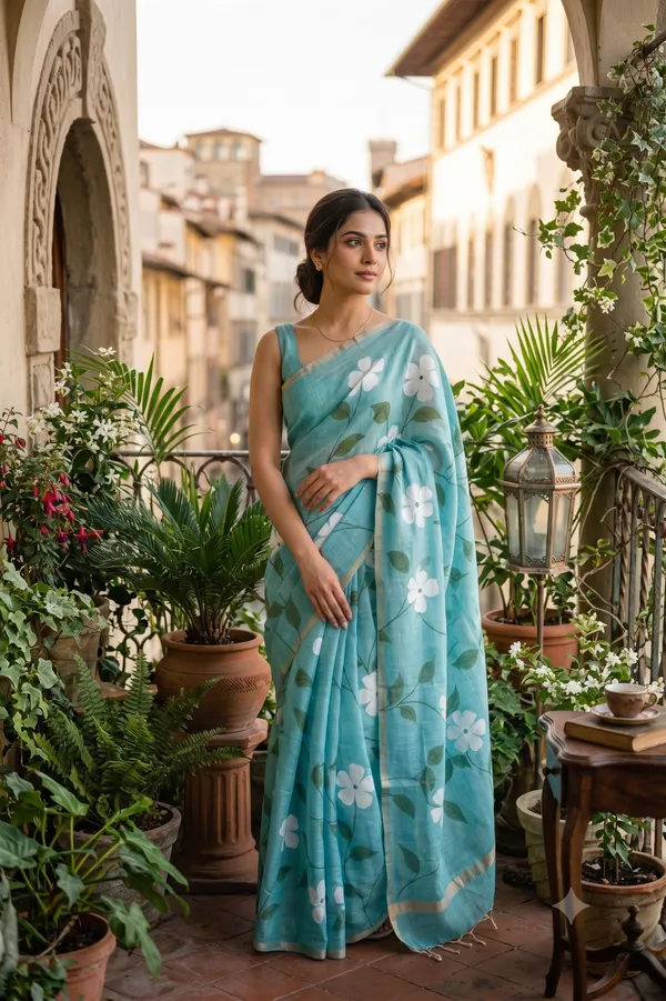 Turquoise_color_Beautiful_Flower_Print_Cotton_Saree