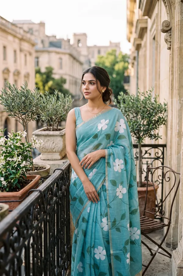 Turquoise_color_Beautiful_Flower_Print_Cotton_Saree