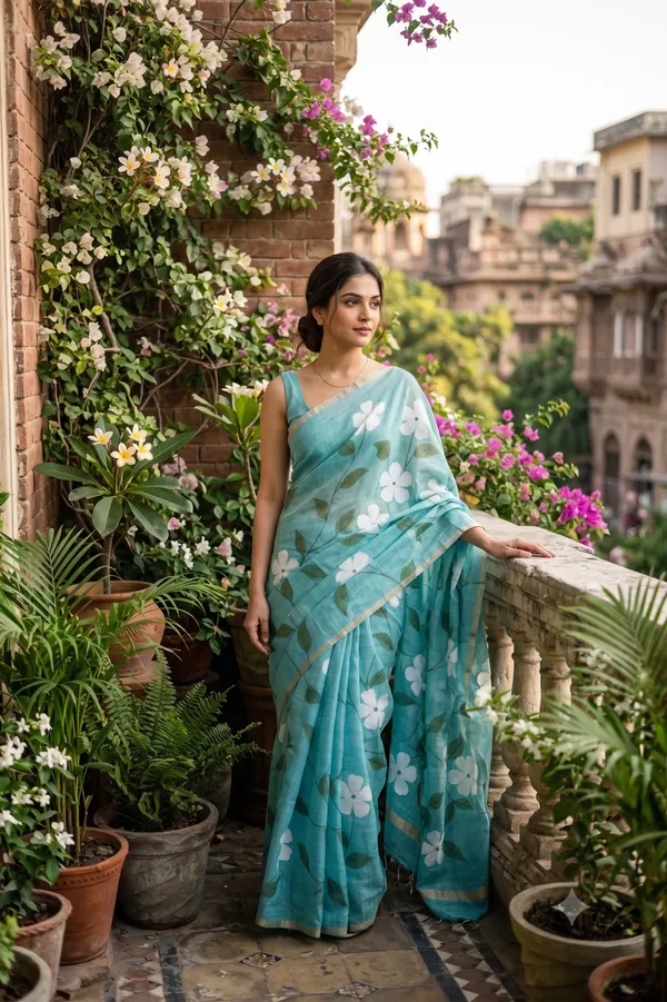 Turquoise_color_Beautiful_Flower_Print_Cotton_Saree