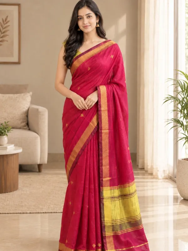 Maroon_color_Handloom_Woven_Bengal_Cotton_Saree