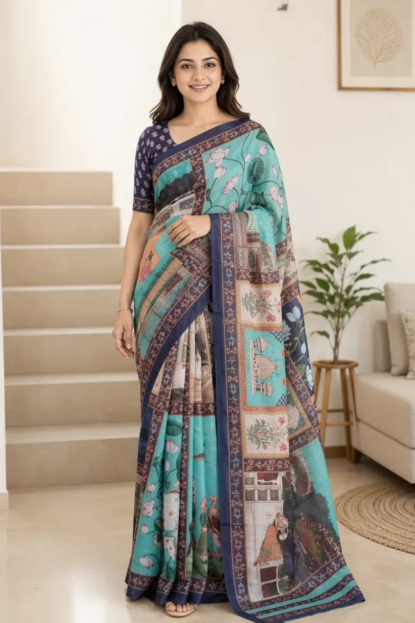 Sky_Blue_color_Pichwai_Art_work_Chanderi_Cotton_Saree