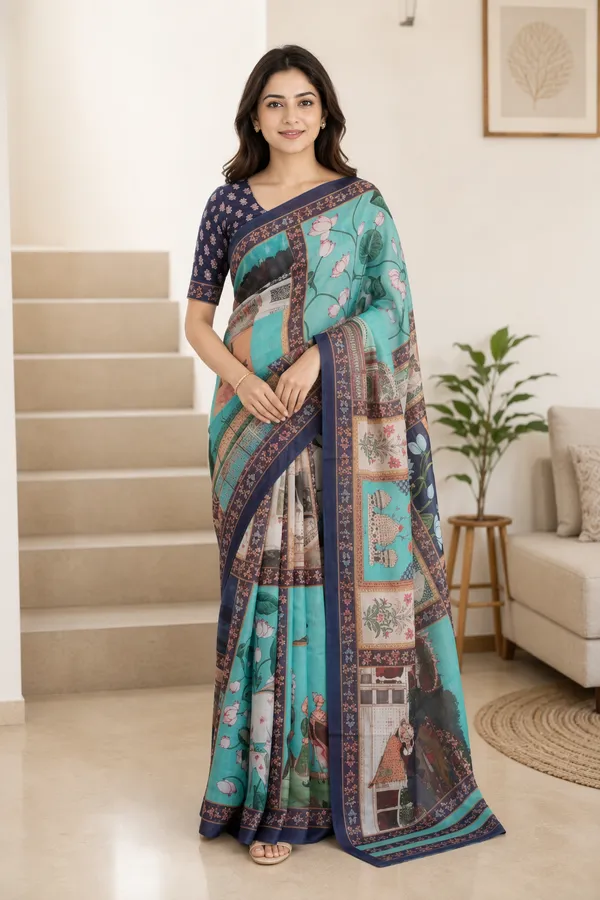 Sky_Blue_color_Pichwai_Art_work_Chanderi_Cotton_Saree