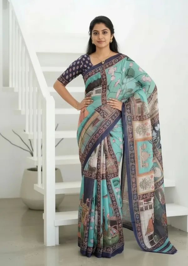 Sky_Blue_color_Pichwai_Art_work_Chanderi_Cotton_Saree