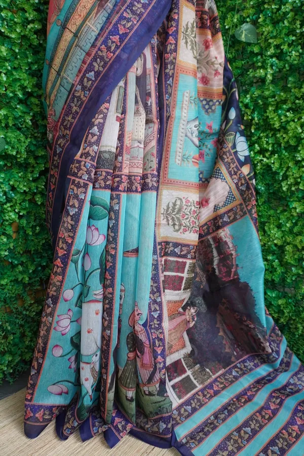 Sky_Blue_color_Pichwai_Art_work_Chanderi_Cotton_Saree
