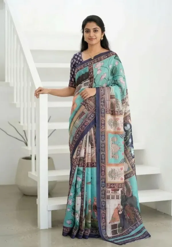 Sky_Blue_color_Pichwai_Art_work_Chanderi_Cotton_Saree