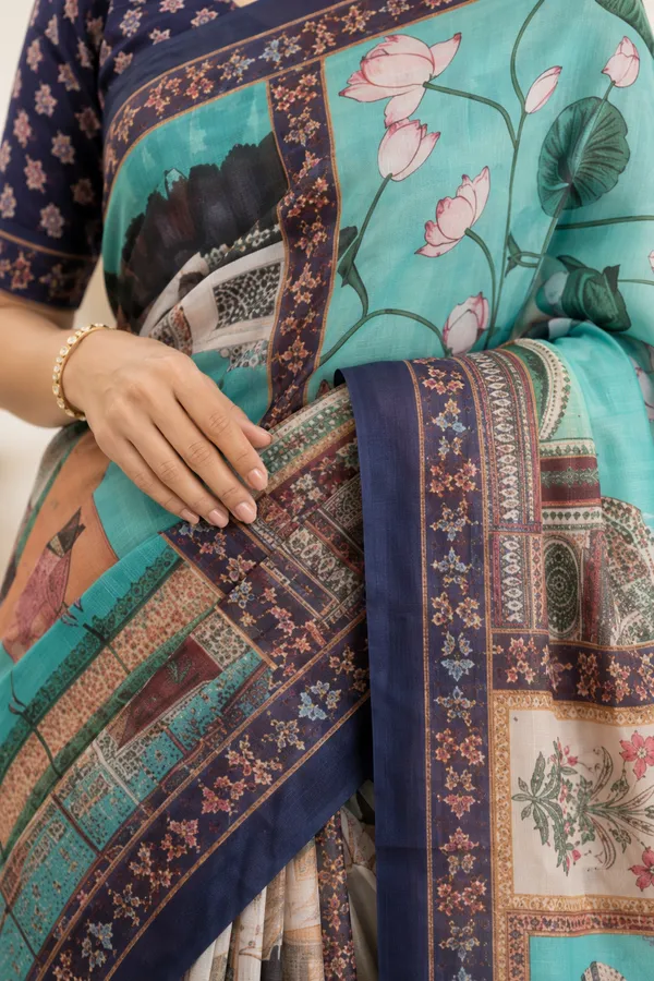 Sky_Blue_color_Pichwai_Art_work_Chanderi_Cotton_Saree