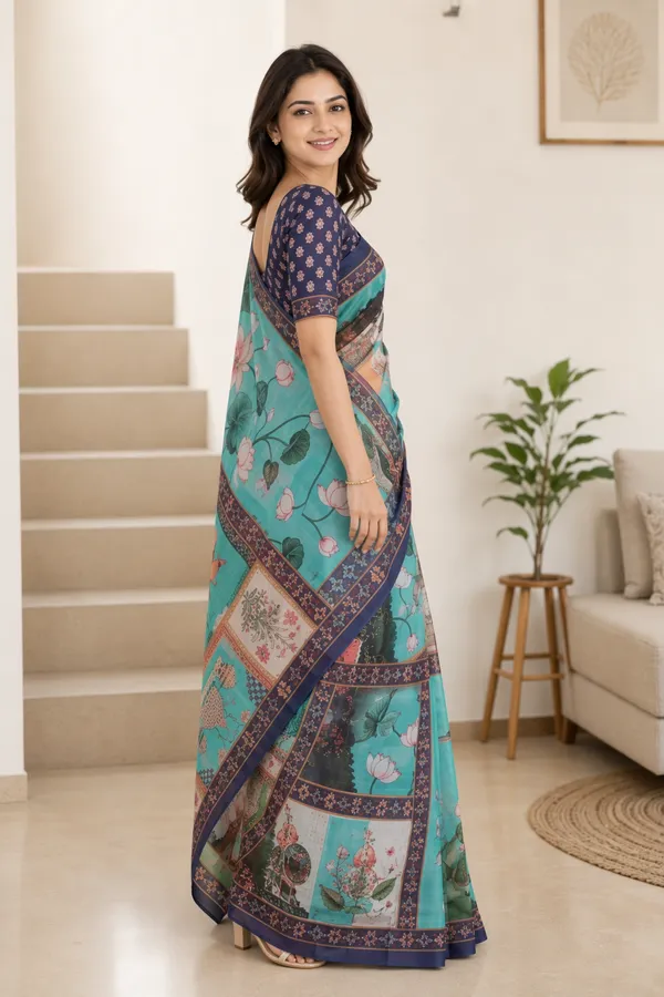 Sky_Blue_color_Pichwai_Art_work_Chanderi_Cotton_Saree