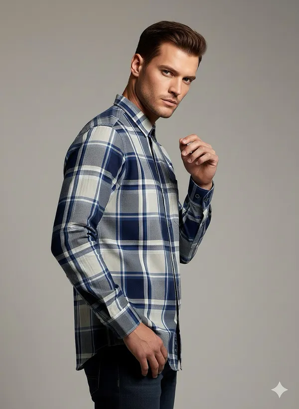 KENTO_CLUB_Premium_Blue_&_Grey_Checkered_Men’s_Shirt_|_Cotton_Blend_Plaid_Shirt_for_Casual_&_Office_Wear