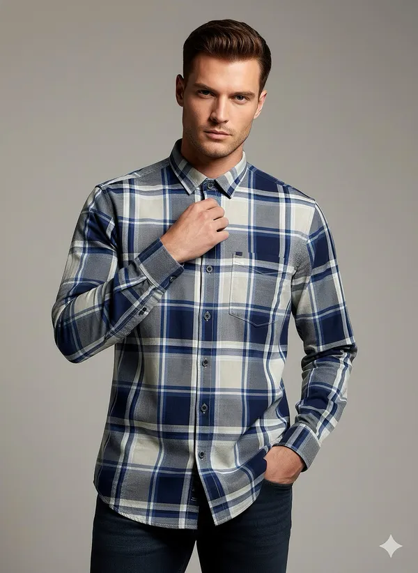 KENTO_CLUB_Premium_Blue_&_Grey_Checkered_Men’s_Shirt_|_Cotton_Blend_Plaid_Shirt_for_Casual_&_Office_Wear