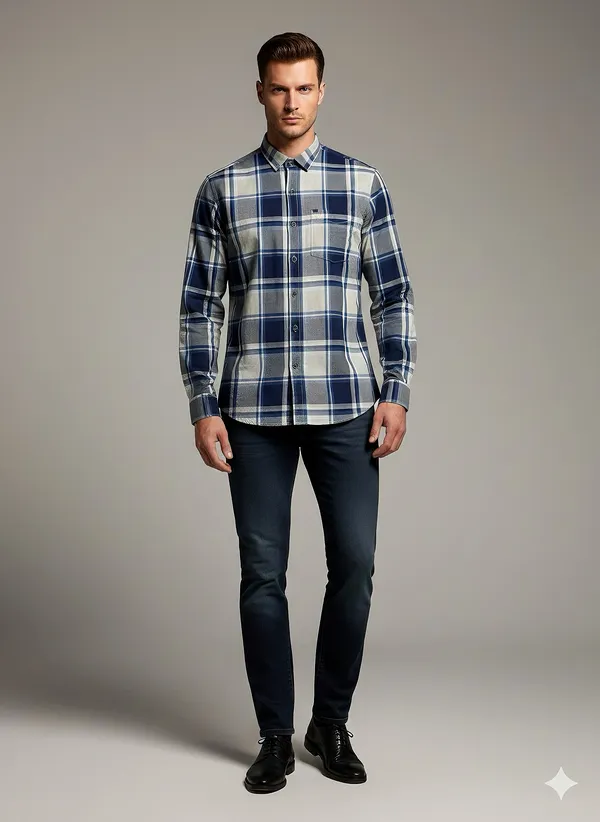 KENTO_CLUB_Premium_Blue_&_Grey_Checkered_Men’s_Shirt_|_Cotton_Blend_Plaid_Shirt_for_Casual_&_Office_Wear