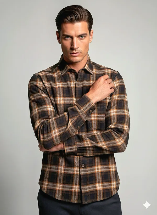 KENTO_CLUB_Premium_Brown_&_Orange_Checkered_Men’s_Shirt_|_Cotton_Blend_Plaid_Shirt_for_Casual_&_Office_Wear