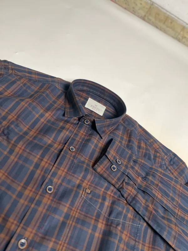 KENTO_CLUB_Premium_Navy_Blue_&_Brown_Checkered_Men’s_Shirt_|_Cotton_Blend_Plaid_Shirt_for_Casual_&_Office_Wear