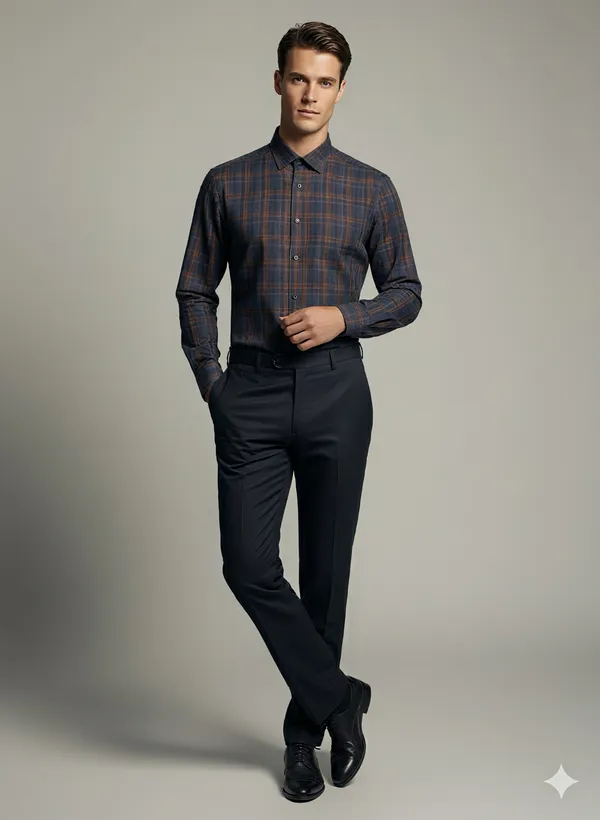 KENTO_CLUB_Premium_Navy_Blue_&_Brown_Checkered_Men’s_Shirt_|_Cotton_Blend_Plaid_Shirt_for_Casual_&_Office_Wear