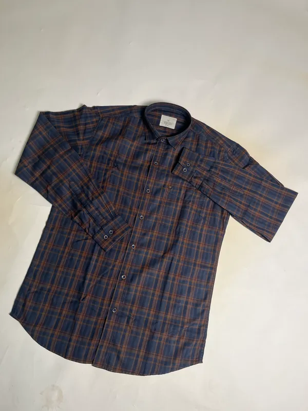 KENTO_CLUB_Premium_Navy_Blue_&_Brown_Checkered_Men’s_Shirt_|_Cotton_Blend_Plaid_Shirt_for_Casual_&_Office_Wear