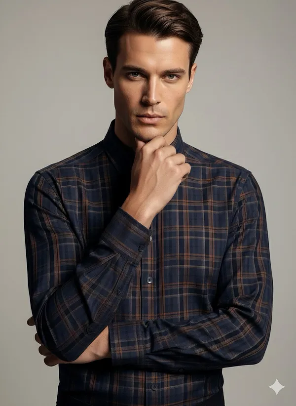 KENTO_CLUB_Premium_Navy_Blue_&_Brown_Checkered_Men’s_Shirt_|_Cotton_Blend_Plaid_Shirt_for_Casual_&_Office_Wear