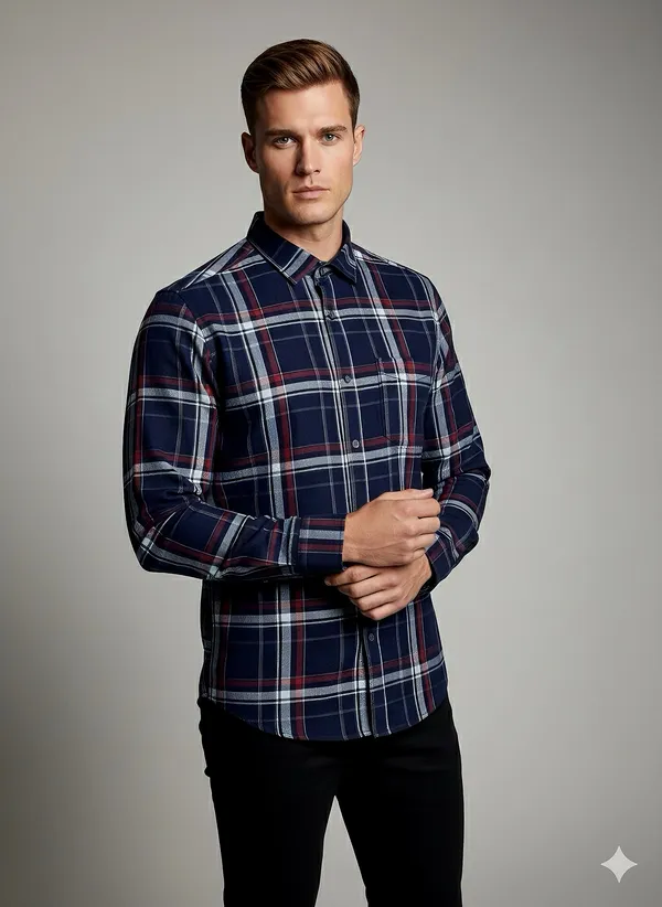 KENTO_CLUB_Premium_Navy_Blue_&_Red_Checkered_Men’s_Shirt_|_Cotton_Blend_Plaid_Shirt_for_Casual_&_Office_Wear