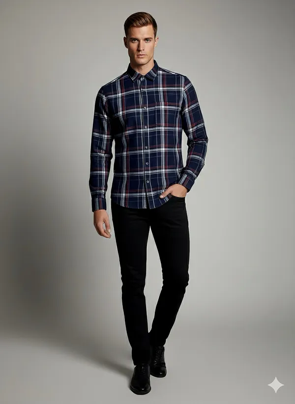 KENTO_CLUB_Premium_Navy_Blue_&_Red_Checkered_Men’s_Shirt_|_Cotton_Blend_Plaid_Shirt_for_Casual_&_Office_Wear