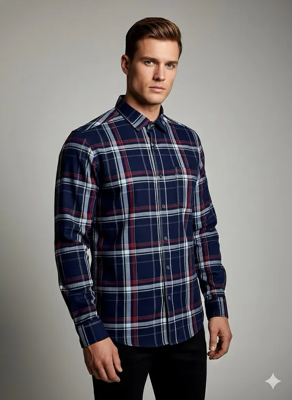 KENTO_CLUB_Premium_Navy_Blue_&_Red_Checkered_Men’s_Shirt_|_Cotton_Blend_Plaid_Shirt_for_Casual_&_Office_Wear