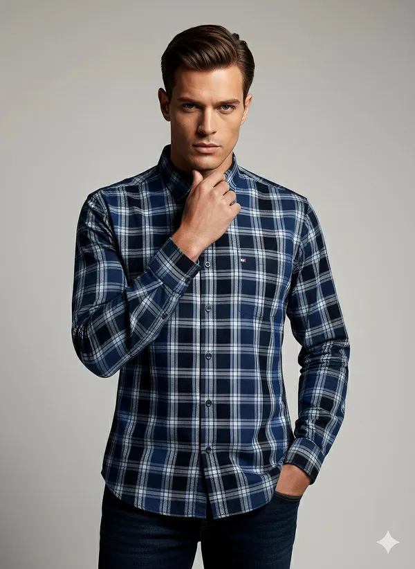 KENTO_CLUB_Premium_Navy_Blue_&_Sky_Blue_Checkered_Men’s_Shirt_|_Cotton_Blend_Plaid_Shirt_for_Casual_&_Office_Wear