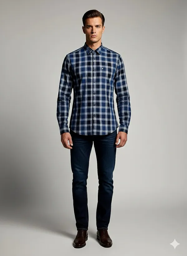 KENTO_CLUB_Premium_Navy_Blue_&_Sky_Blue_Checkered_Men’s_Shirt_|_Cotton_Blend_Plaid_Shirt_for_Casual_&_Office_Wear