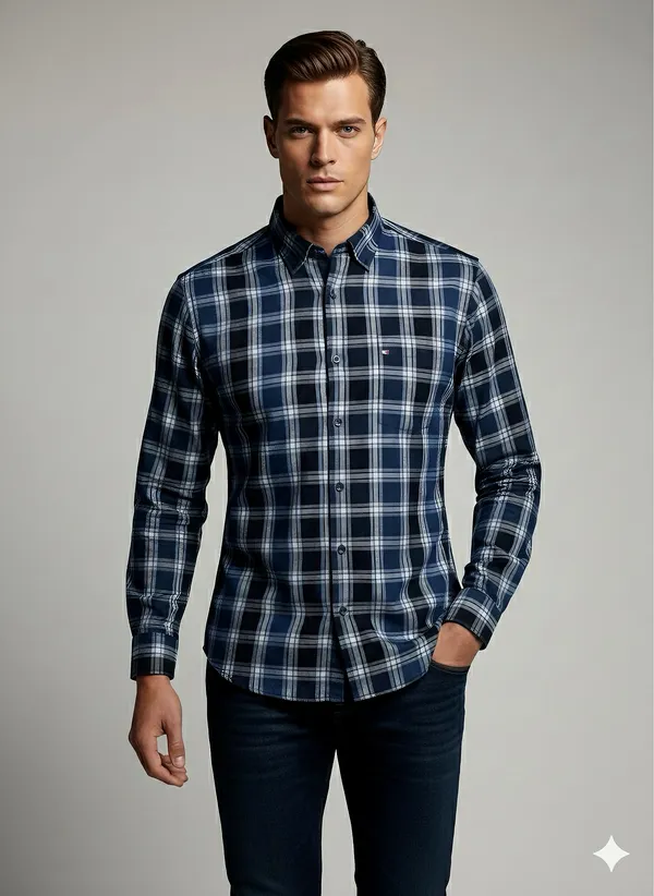 KENTO_CLUB_Premium_Navy_Blue_&_Sky_Blue_Checkered_Men’s_Shirt_|_Cotton_Blend_Plaid_Shirt_for_Casual_&_Office_Wear