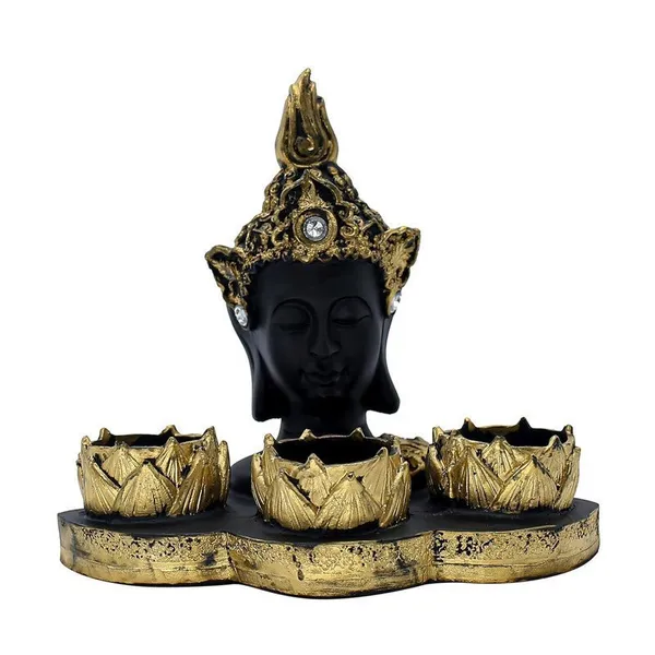 Resin_Buddha_Head_Tealight_Candle_Holder_Black_&_Gold_Statue_with_3_Lotus_Votive_Stands,_7_Home_&_Garden_decor_for_Meditation_&_Spiritual_Gift