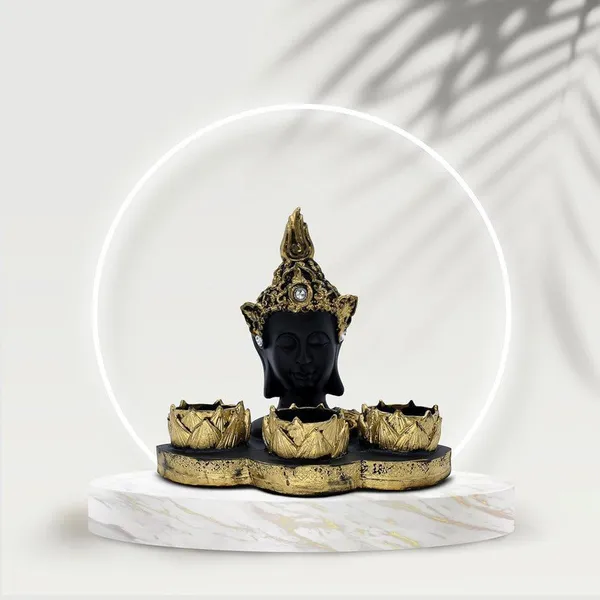 Resin_Buddha_Head_Tealight_Candle_Holder_Black_&_Gold_Statue_with_3_Lotus_Votive_Stands,_7_Home_&_Garden_decor_for_Meditation_&_Spiritual_Gift