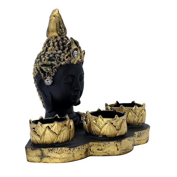 Resin_Buddha_Head_Tealight_Candle_Holder_Black_&_Gold_Statue_with_3_Lotus_Votive_Stands,_7_Home_&_Garden_decor_for_Meditation_&_Spiritual_Gift