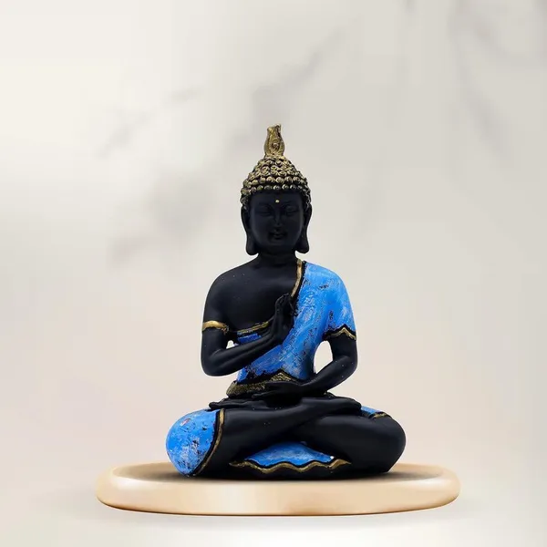 Decorative_Buddha_Statue,_Black_and_Blue_with_Gold_Accents,_25.4_cm_x_17.8_cm,_Meditation_Pose