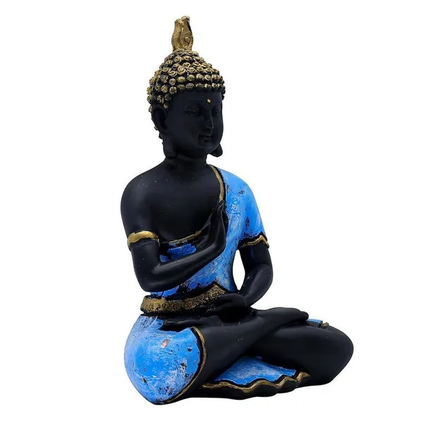 Decorative_Buddha_Statue,_Black_and_Blue_with_Gold_Accents,_25.4_cm_x_17.8_cm,_Meditation_Pose