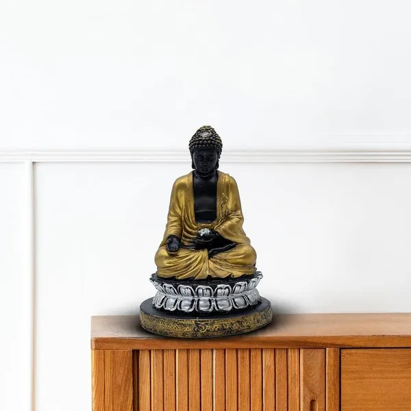 Samadhi_Buddha_Statue,_Black_and_Gold,_21.6_x_15.2_cm,_Silver_Lotus_Base