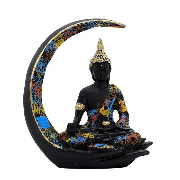 Decorative_Buddha_Statue_on_Crescent_Moon,_Black_with_Colourful_Mosaic_Pattern,_20_x_15_cm
