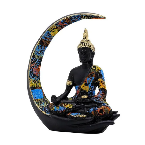 Decorative_Buddha_Statue_on_Crescent_Moon,_Black_with_Colourful_Mosaic_Pattern,_20_x_15_cm