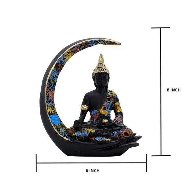 Decorative_Buddha_Statue_on_Crescent_Moon,_Black_with_Colourful_Mosaic_Pattern,_20_x_15_cm