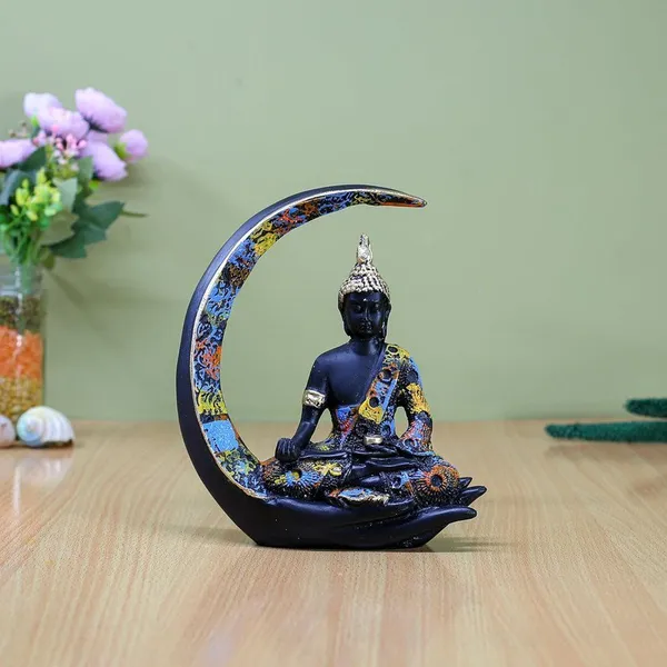 Decorative_Buddha_Statue_on_Crescent_Moon,_Black_with_Colourful_Mosaic_Pattern,_20_x_15_cm