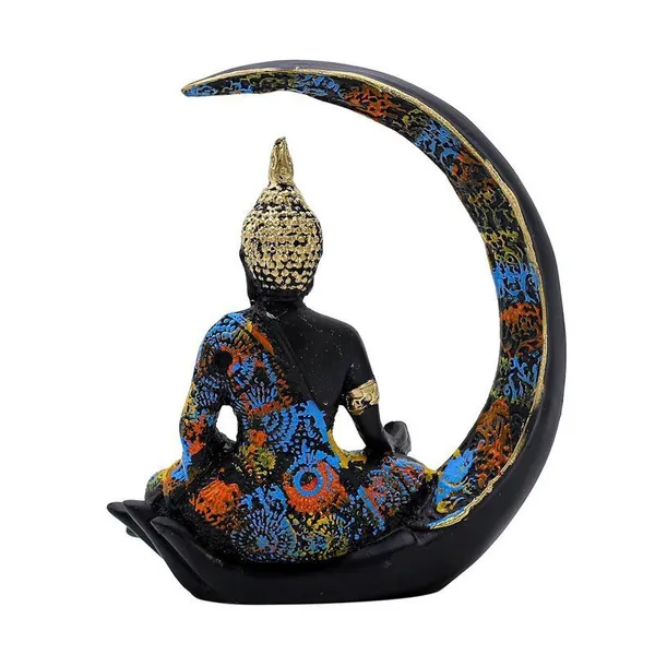 Decorative_Buddha_Statue_on_Crescent_Moon,_Black_with_Colourful_Mosaic_Pattern,_20_x_15_cm