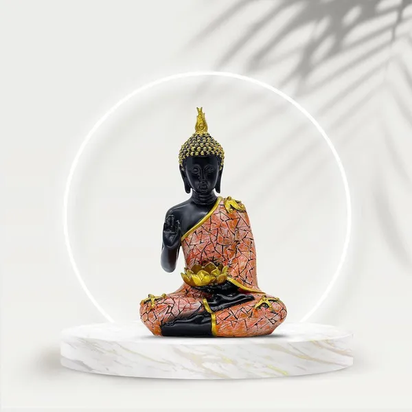 Decorative_Buddha_Statue_with_Lotus_for_Home_Decor,_Black_and_Orange_Mosaic_Design,_26.7_cm_x_17.8_cm